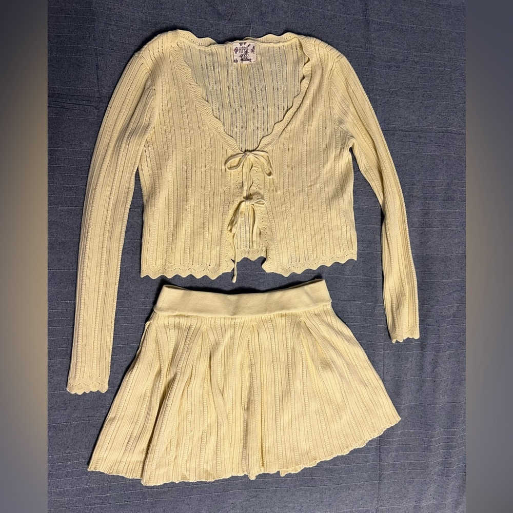 Knit set: Cardigan and Skirt pastel yellow color